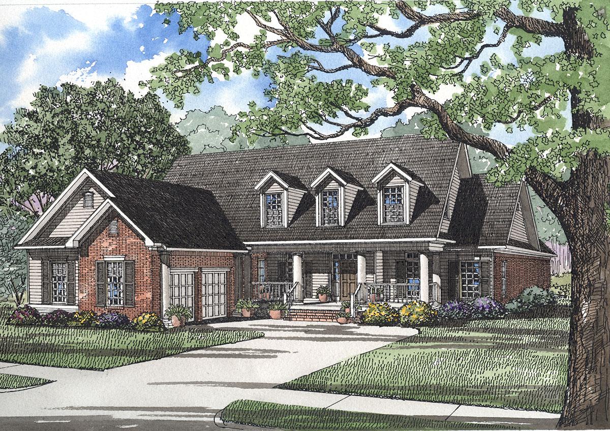 House plan exterior: Two-story home with brick accents, covered porch with columns, dormer windows, and attached garage.
