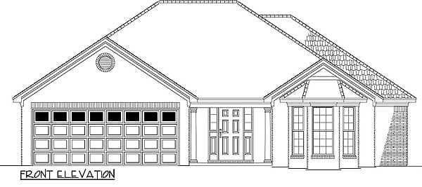 Front elevation drawing of a single-story house with attached garage, covered porch, and bay window.