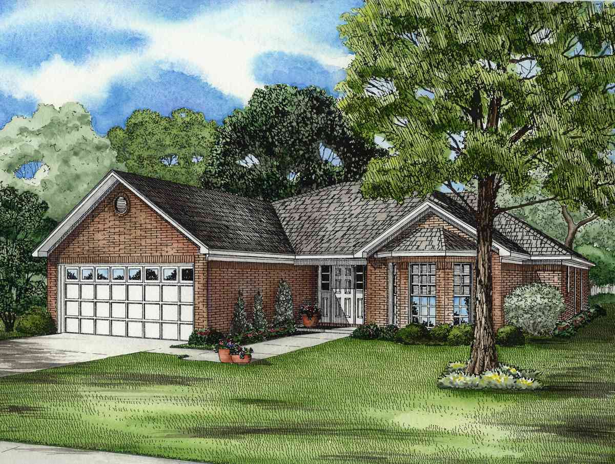 House plan exterior: Brick ranch with a gable roof, side-entry garage with large windows, and a covered entry with double doors.