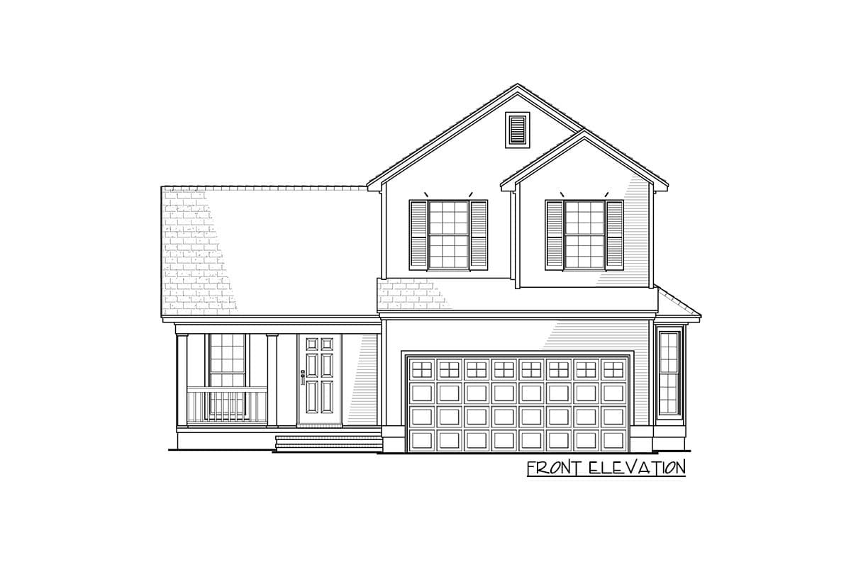 Front elevation drawing of a two-story house plan with a covered porch, double garage, and gabled roofline.