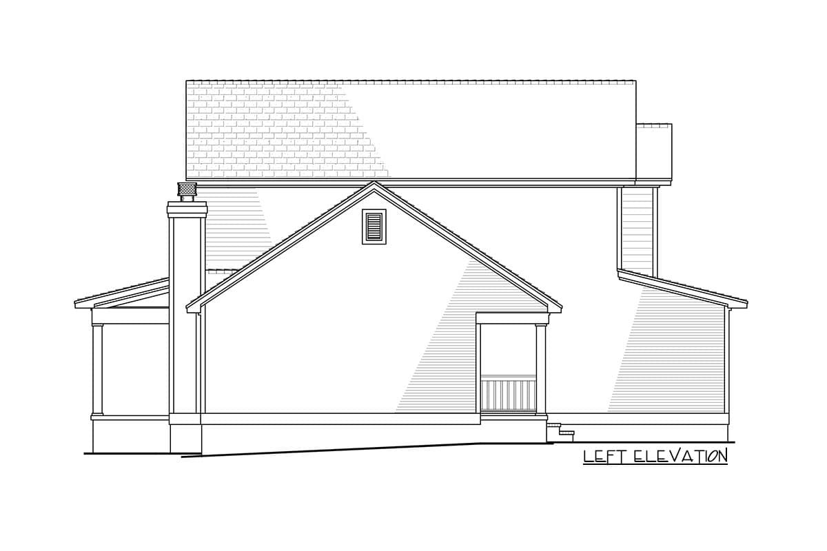 Left elevation drawing of a house plan featuring a prominent gable, covered porch, and chimney.