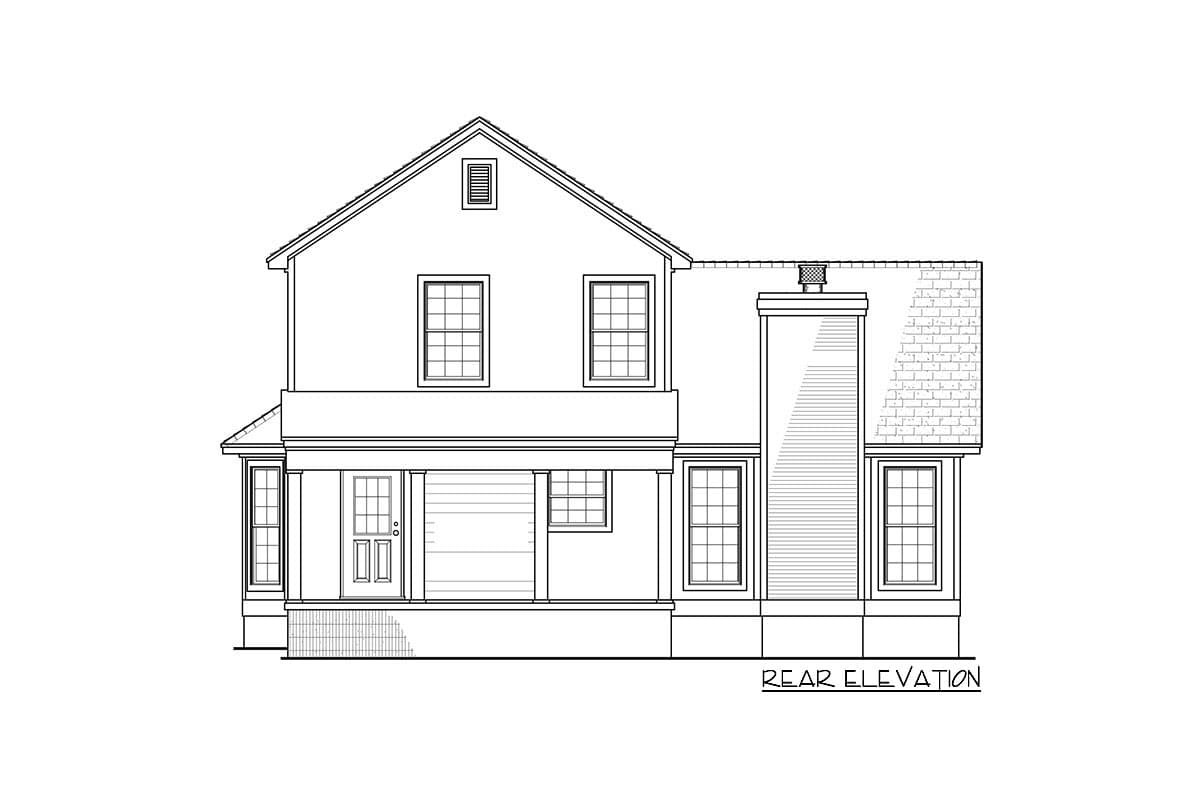 Rear elevation house plan drawing of a two-story home with a front-facing gable, prominent chimney, and covered porch.