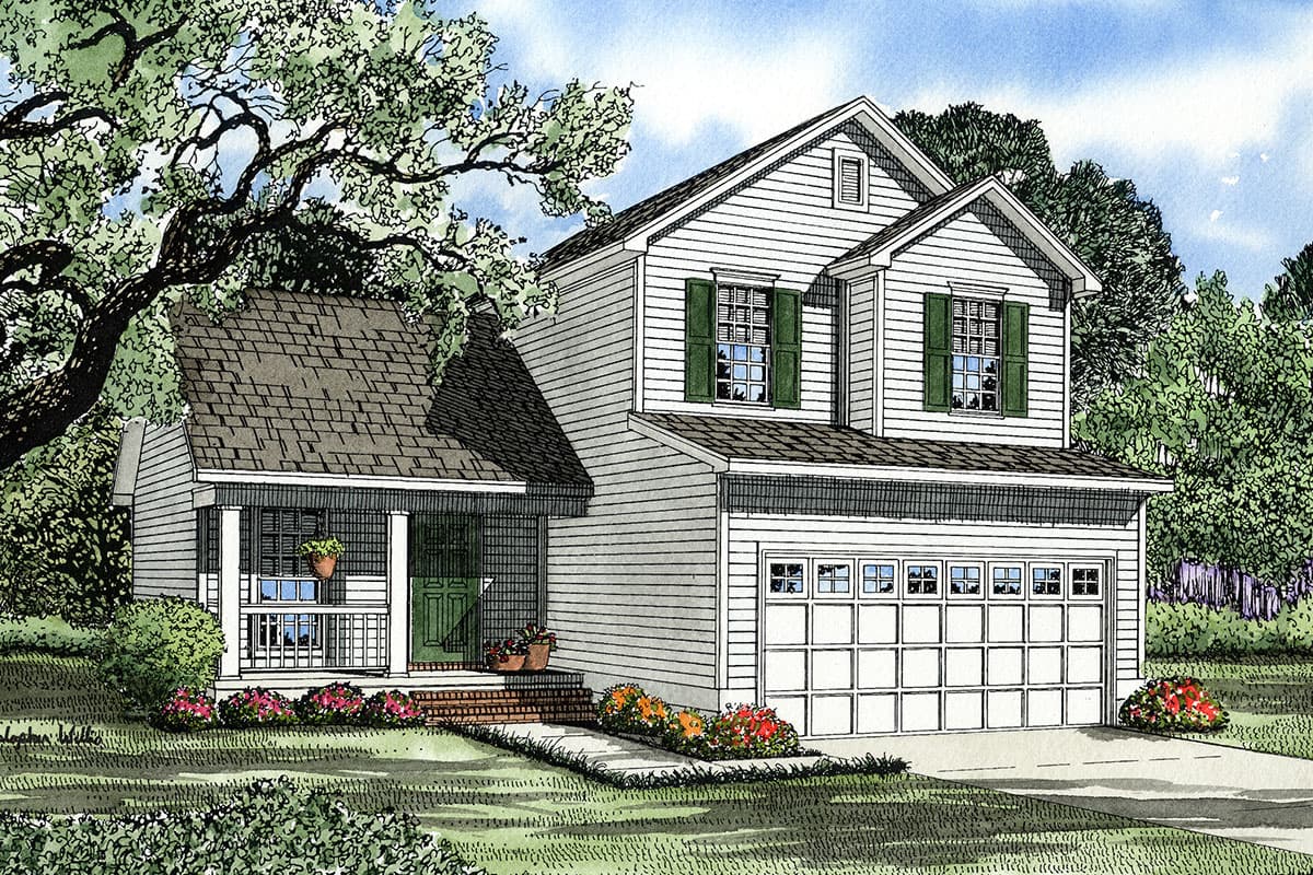 House plan exterior: Two-story home with a front-facing two-car garage, covered front porch, and gabled dormers.