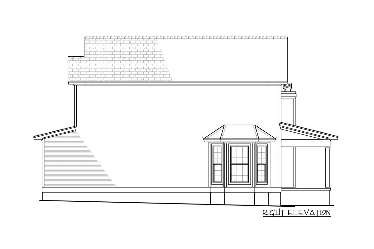 Right elevation house plan showing a bay window, covered porch, chimney, and varied rooflines.