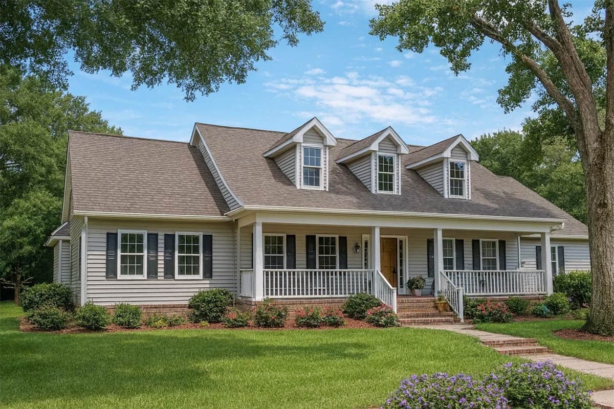 Ranch style house plan exterior with a wide covered front porch, gabled dormers, and siding.