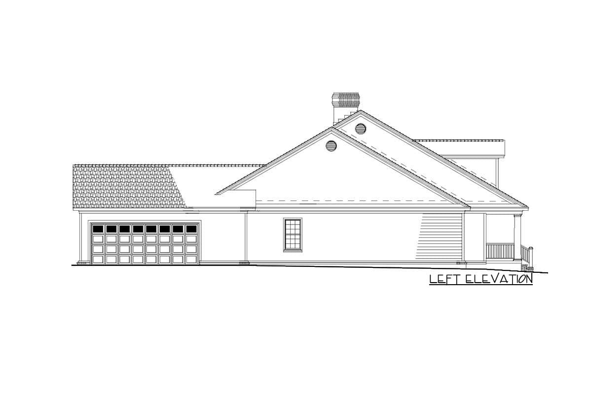 Left elevation house plan with a two-car garage, dormer, gables, and covered porch.