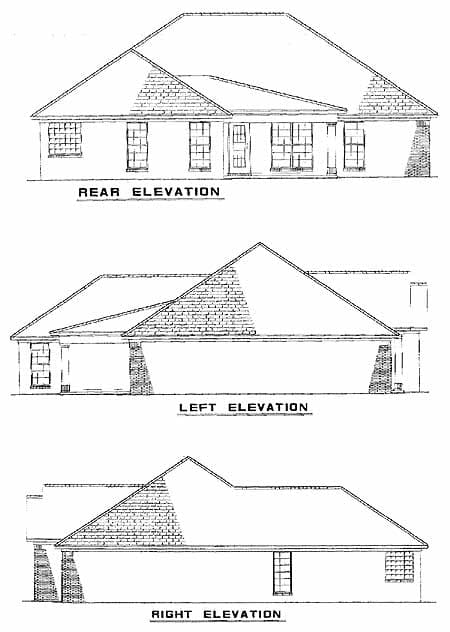 Architectural drawing showing rear, left, and right elevations of a single-story house plan with brick accents and varied rooflines.