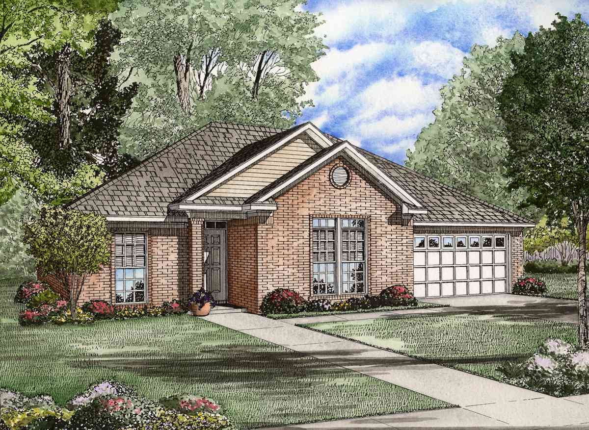 House plan exterior of a one-story brick home with a gable roof, prominent front gable with a circular window, and an attached two-car garage.