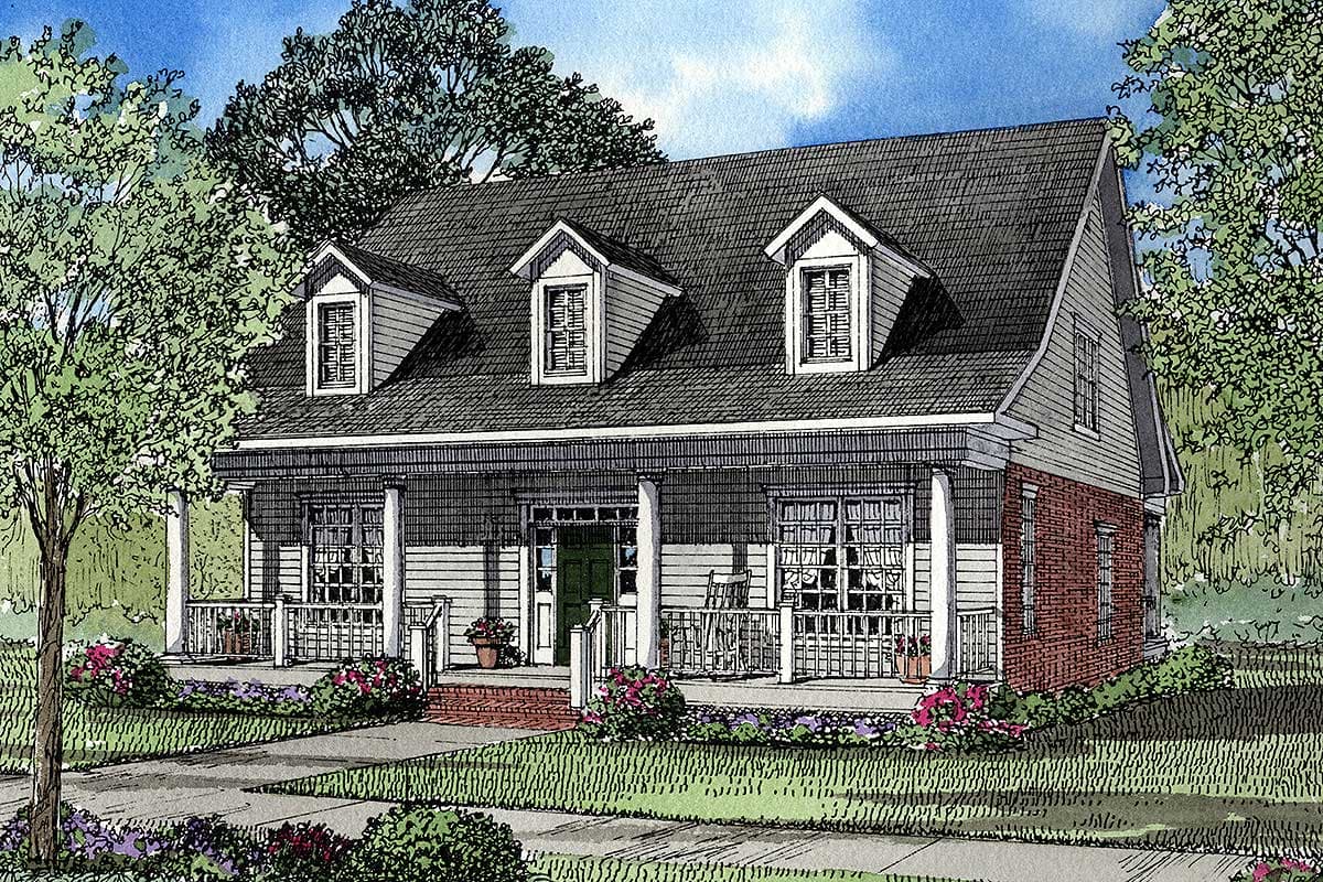 House plan exterior of two-story home with a wraparound porch, three dormers, and a mansard roofline.