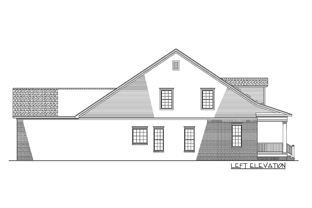 Left elevation house plan: two stories, gable roof, dormer, brick detailing, and covered porch.