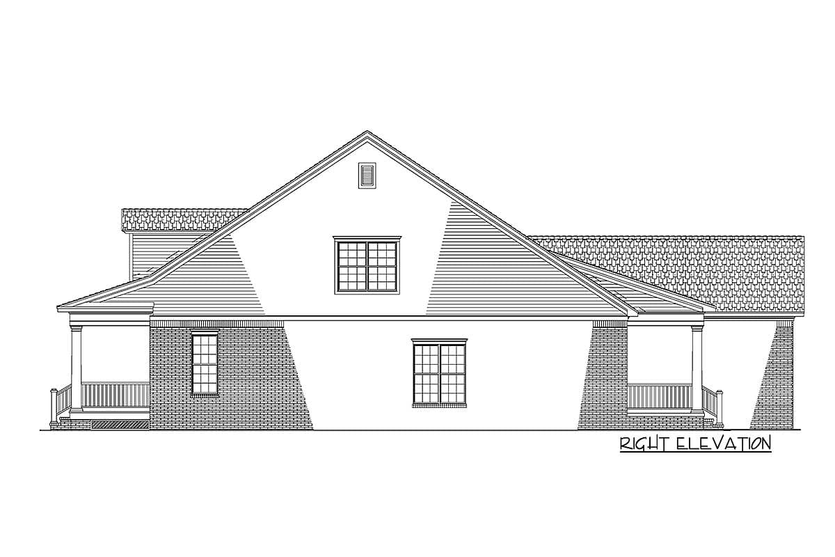 Right elevation drawing of a house plan featuring a side porch, gabled rooflines, brick accents, and multi-pane windows.