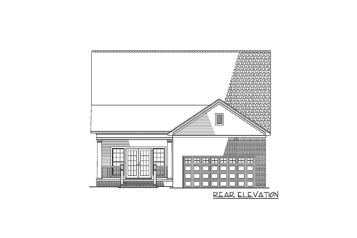 Rear elevation drawing of a single-story house plan featuring a porch, double doors, and a two-car garage.