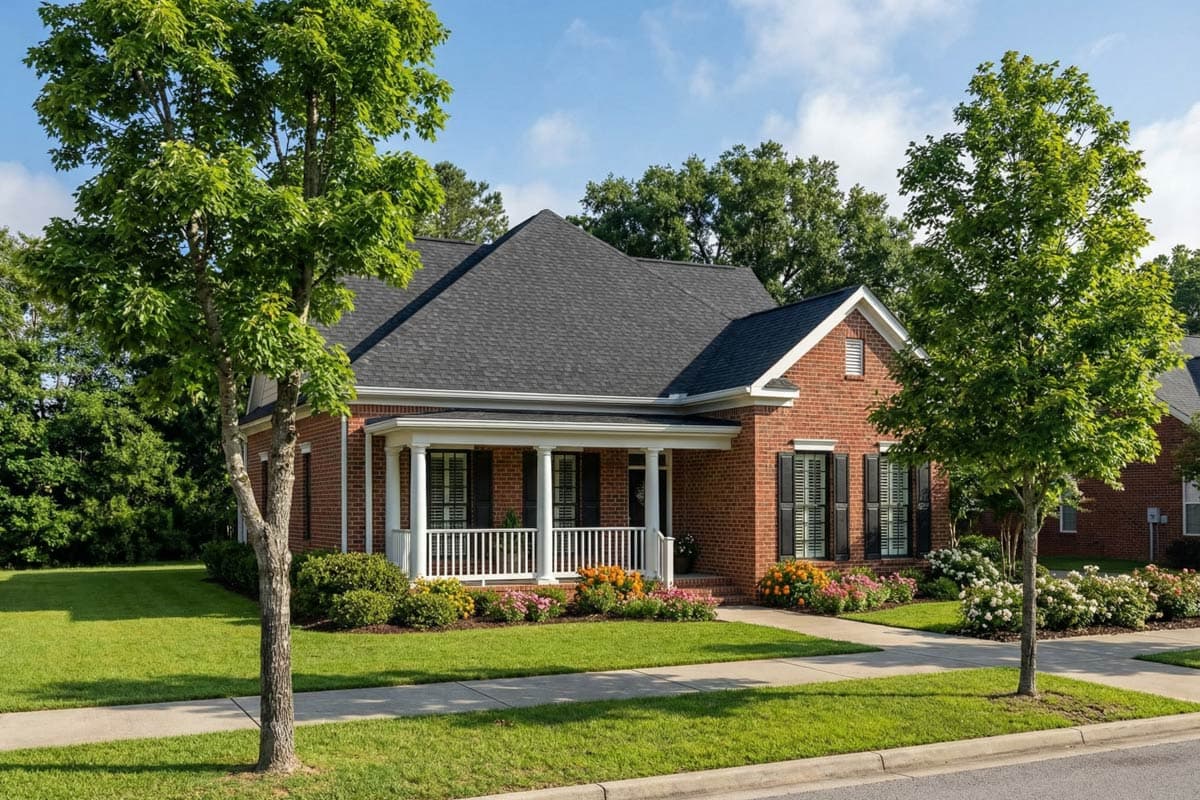 House plan exterior. Red brick, one-story home with a front porch, gabled roof, and black shutters on the windows.
