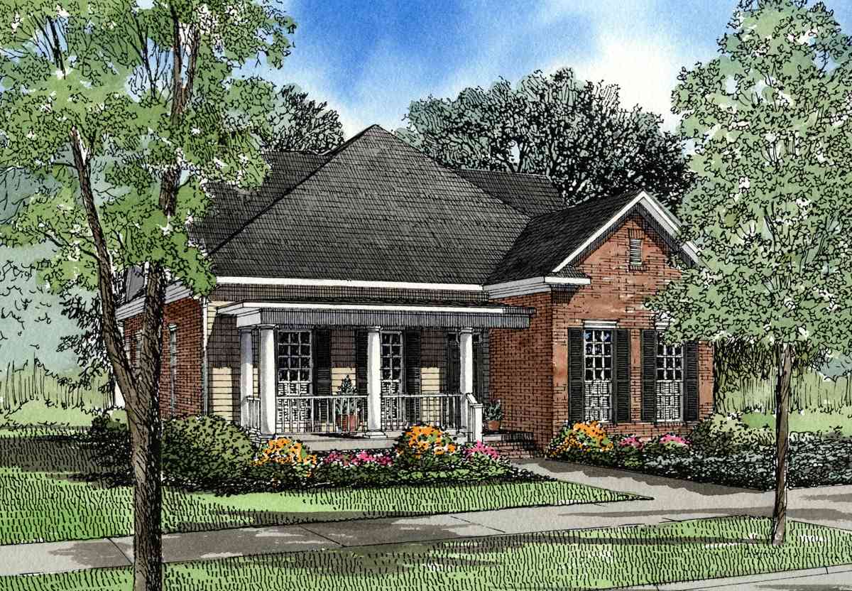 House plan exterior: Brick single-story home with a front porch supported by columns, multiple gables, and multi-pane windows.