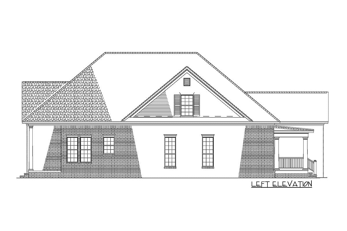 Left elevation of a house plan featuring a dormer, multiple gables, brick wainscoting, and a covered porch.