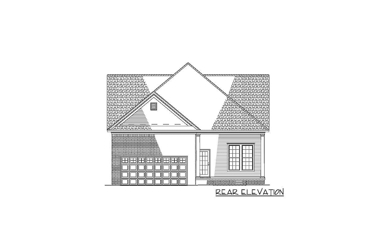 Rear elevation drawing of a one-story house plan with a hip roof, gabled dormer, brick accents, and a two-car garage.