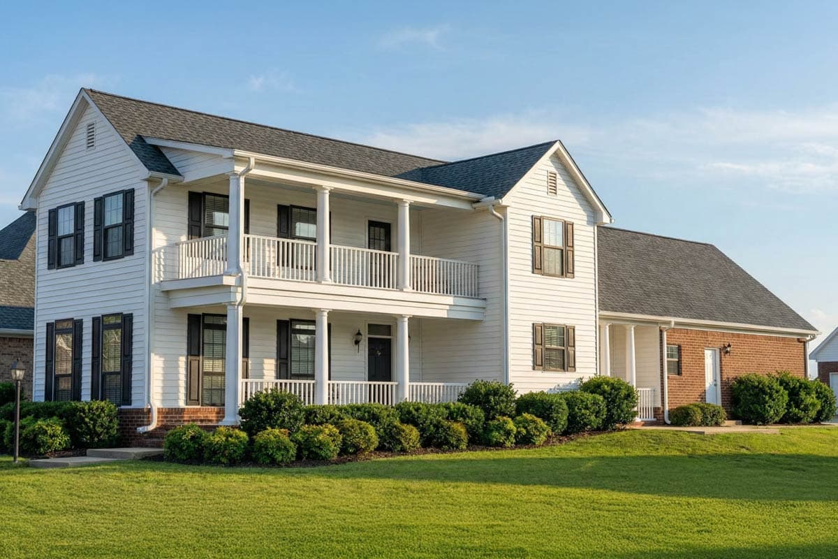 House plan exterior of a two-story white home with a full wrap-around porch, gabled roof, and brick accents.