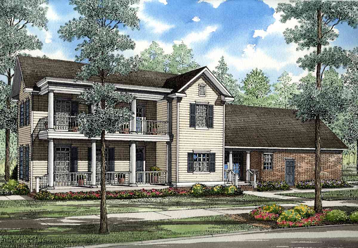 House plan exterior: two-story home with double porches, columns, gables, and a brick wing.