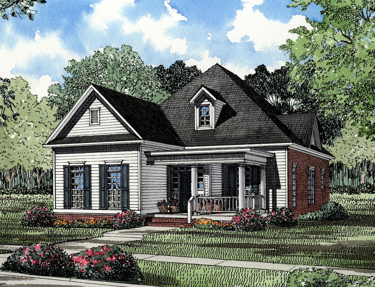 House plan exterior with gabled dormer, front porch with columns, and a mix of siding and brick.