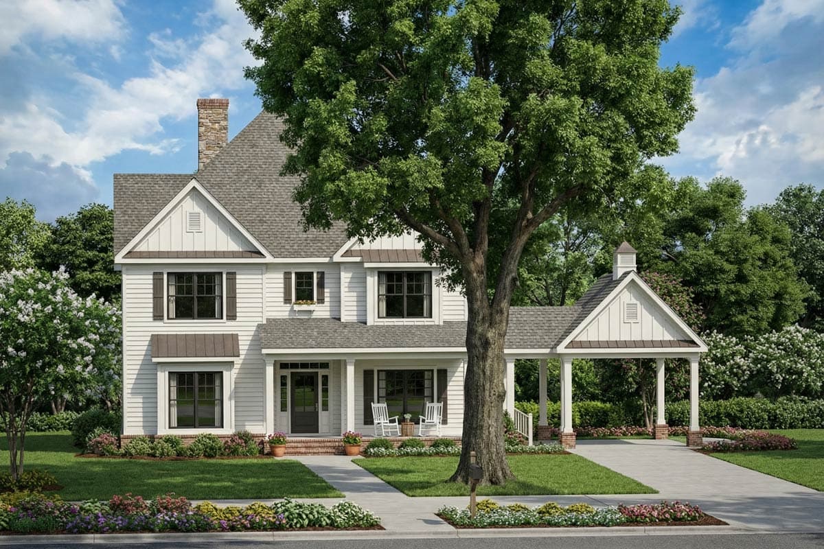 A two-story white house with a covered porch and detached carport, shaded by a large tree in the front yard. Landscaping surrounds.