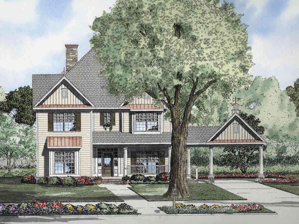 House plan exterior: Two-story home with front-facing gables, covered front porch, and attached carport with cupola.