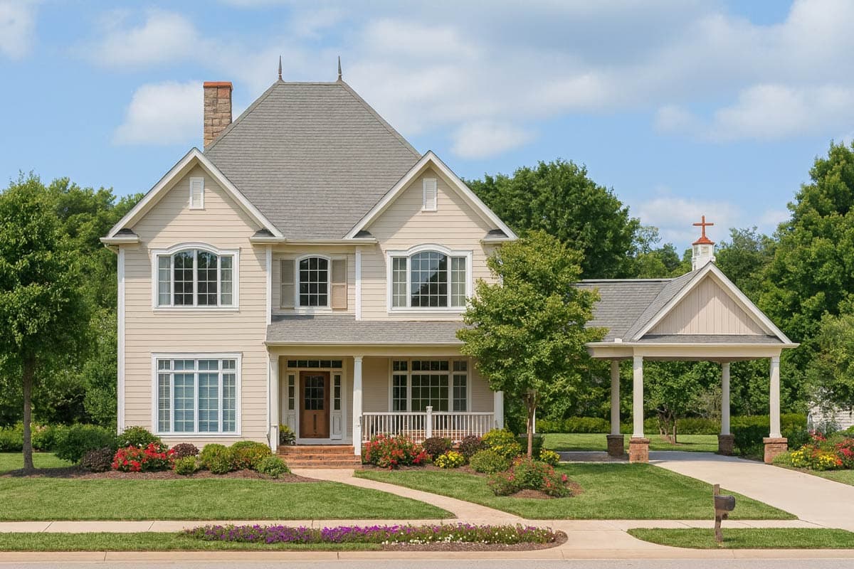 House plan exterior of a two-story home with a covered front porch, dormer windows, a prominent chimney, and an attached carport with a cross.