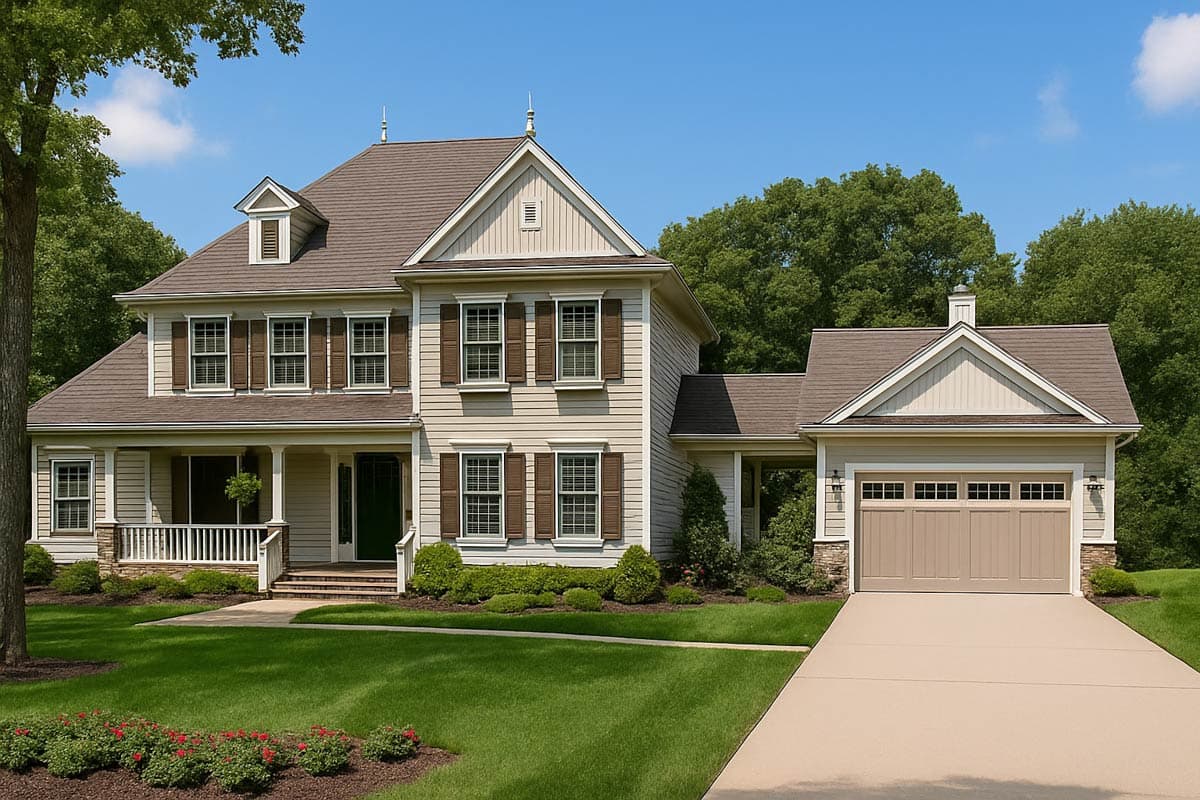 House plan exterior. Two-story Colonial with gabled roof, front porch, and attached garage. Brown shutters on windows and decorative dormer.