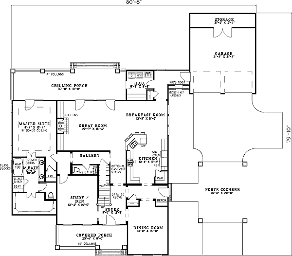 Plan 59279ND: Home Plan with Front Porch and a Porte Cochere - Floor Plan - Main Level - Craftsman