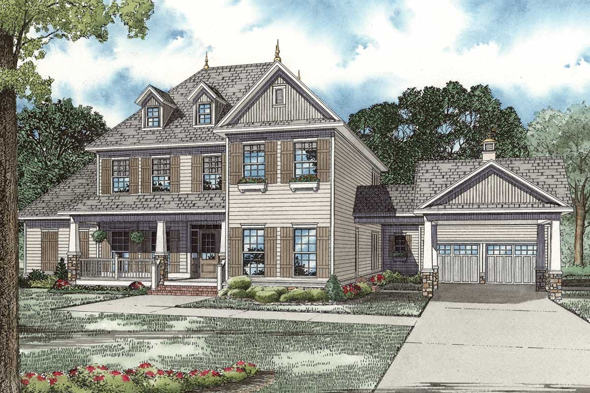 House plan exterior: two-story home with wrap-around porch, dormers, gables, and attached two-car garage.