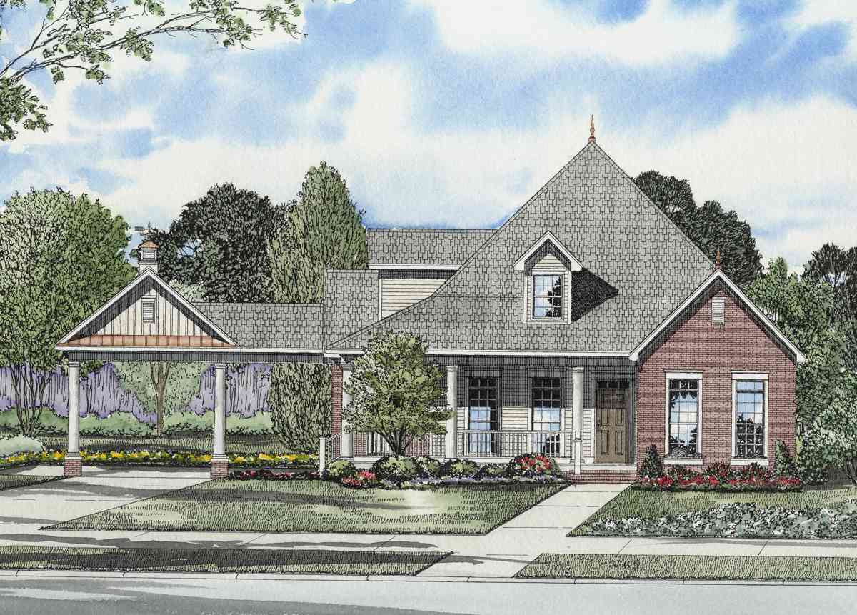 House plan exterior: One-and-a-half story with a prominent hip roof, covered front porch with columns, brick accents, and a side-entry carport.