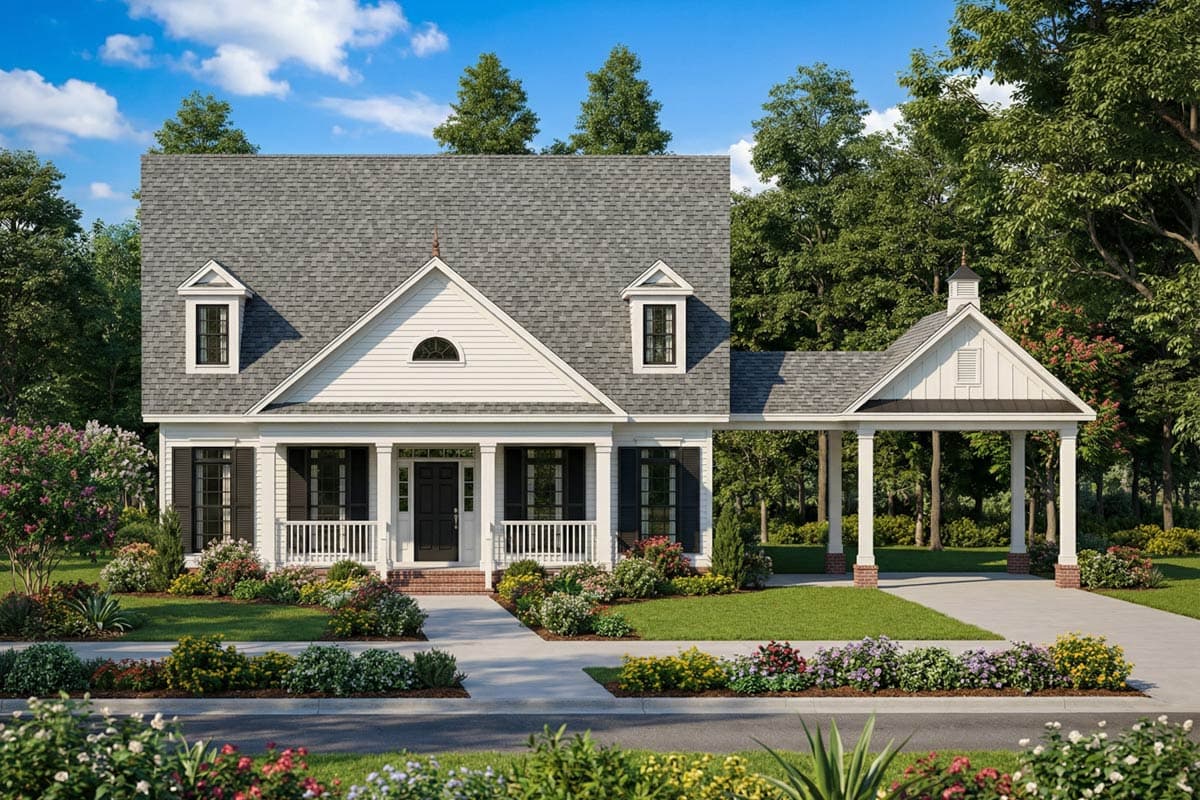 A two-story white house with a gray roof and black shutters, porch, and attached carport. Landscaping includes bushes and flowers on a sunny day.