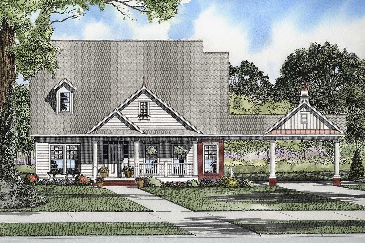 House plan exterior featuring a covered porch, dormer window, and detached carport with decorative gable.