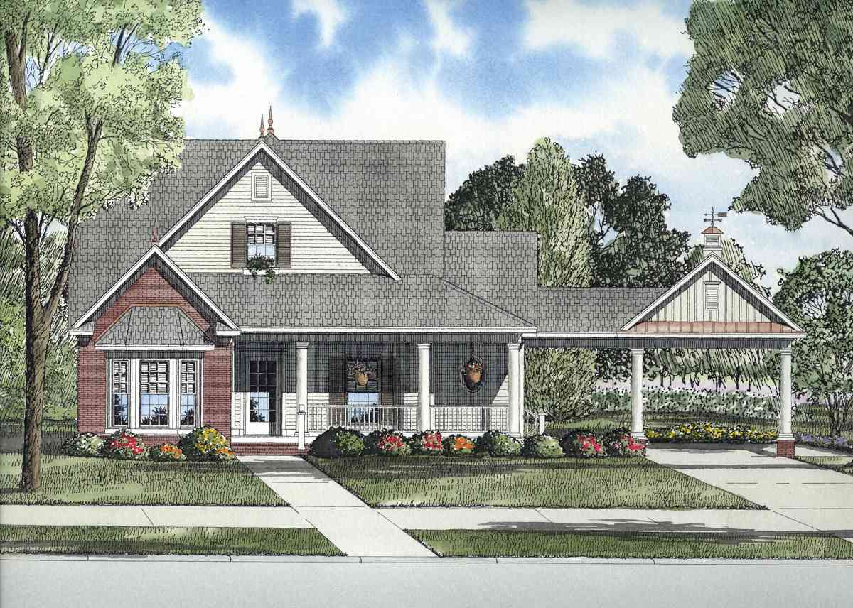 House plan exterior: One-and-a-half-story home with a full-width covered porch, prominent front gable, and attached carport.