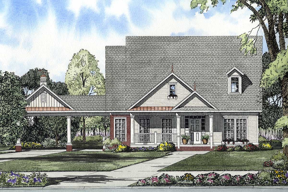 House plan exterior rendering: Craftsman style, one-and-a-half stories, covered front porch with columns, dormer, gabled porte-cochère.