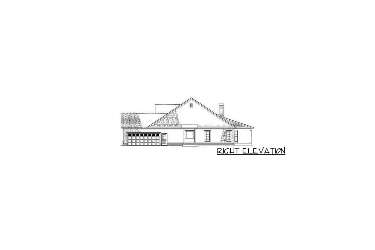 Right elevation drawing of a one-story house with a prominent gable roof, attached garage, and brick chimney.