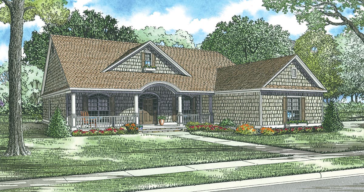House plan exterior: one-story home with shingle siding, arched covered entry, gabled dormer, and wrap-around porch.
