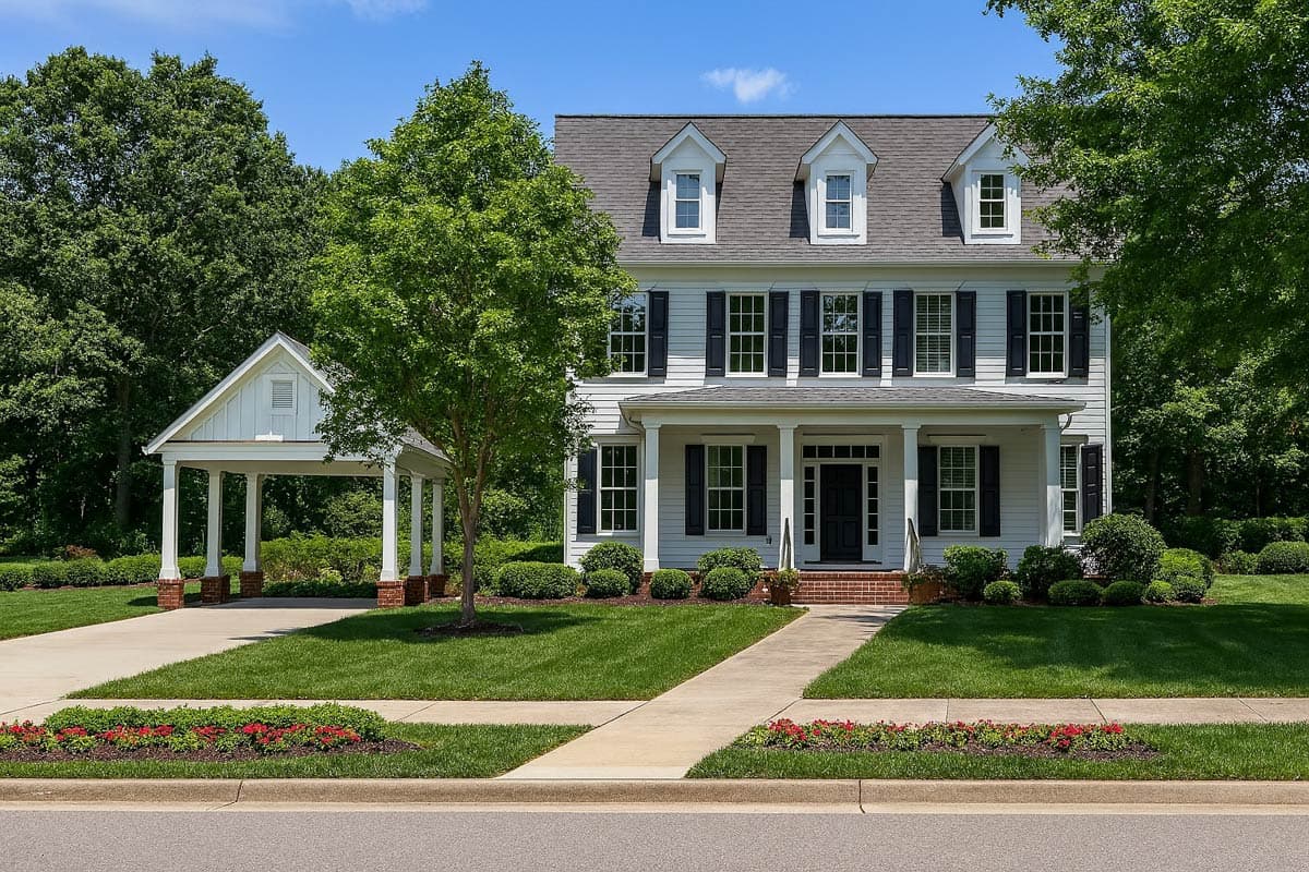 House plan exterior: Two-story Colonial with a front porch, dormers, and a detached carport. Features a gabled roof and symmetrical windows.
