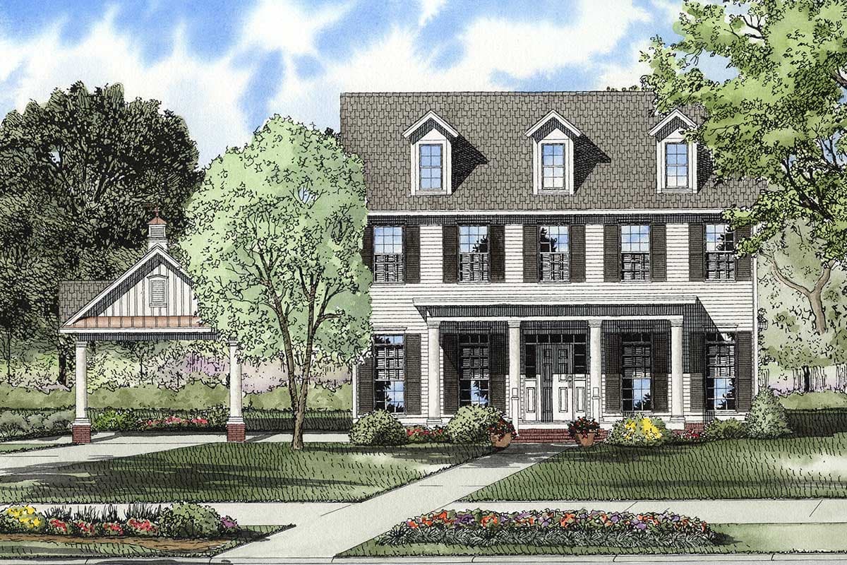 House plan exterior: Colonial style, two stories, with a prominent front porch, multiple gables, and attached carport.