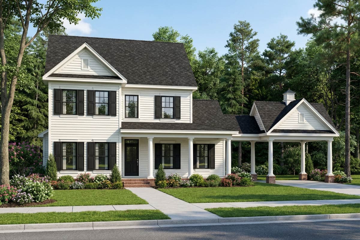 Two-story house plan exterior with a gabled roof, a front porch with columns, and a carport. Features include shutters and dormer.