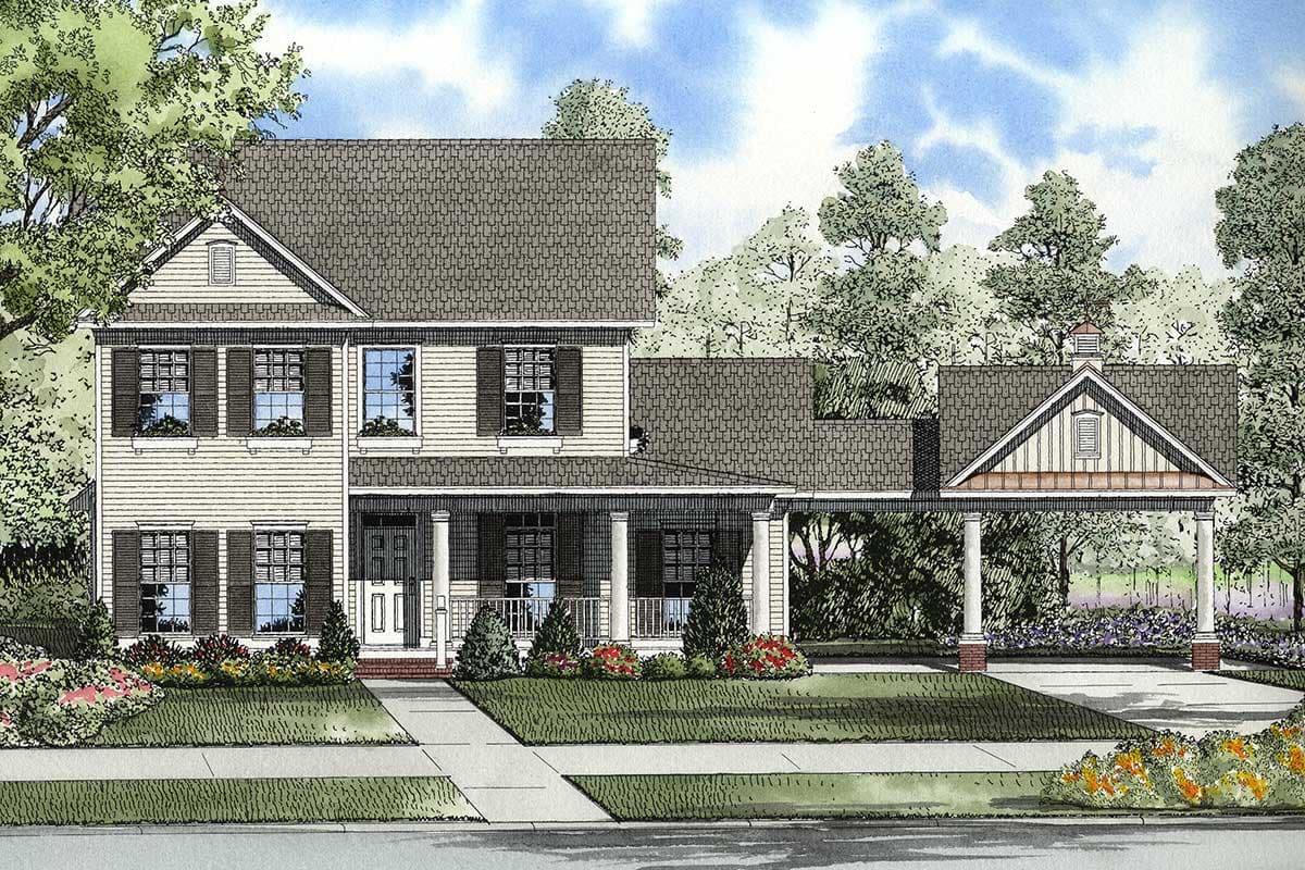 House plan exterior of a two-story home with a covered front porch, gabled dormers, and an attached carport with decorative supports.
