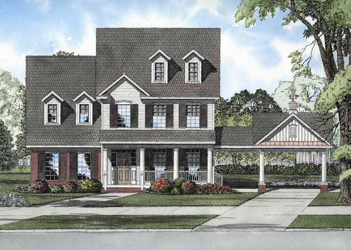 House plan exterior: Two-story residence with gabled dormers, wraparound porch, and detached covered carport.