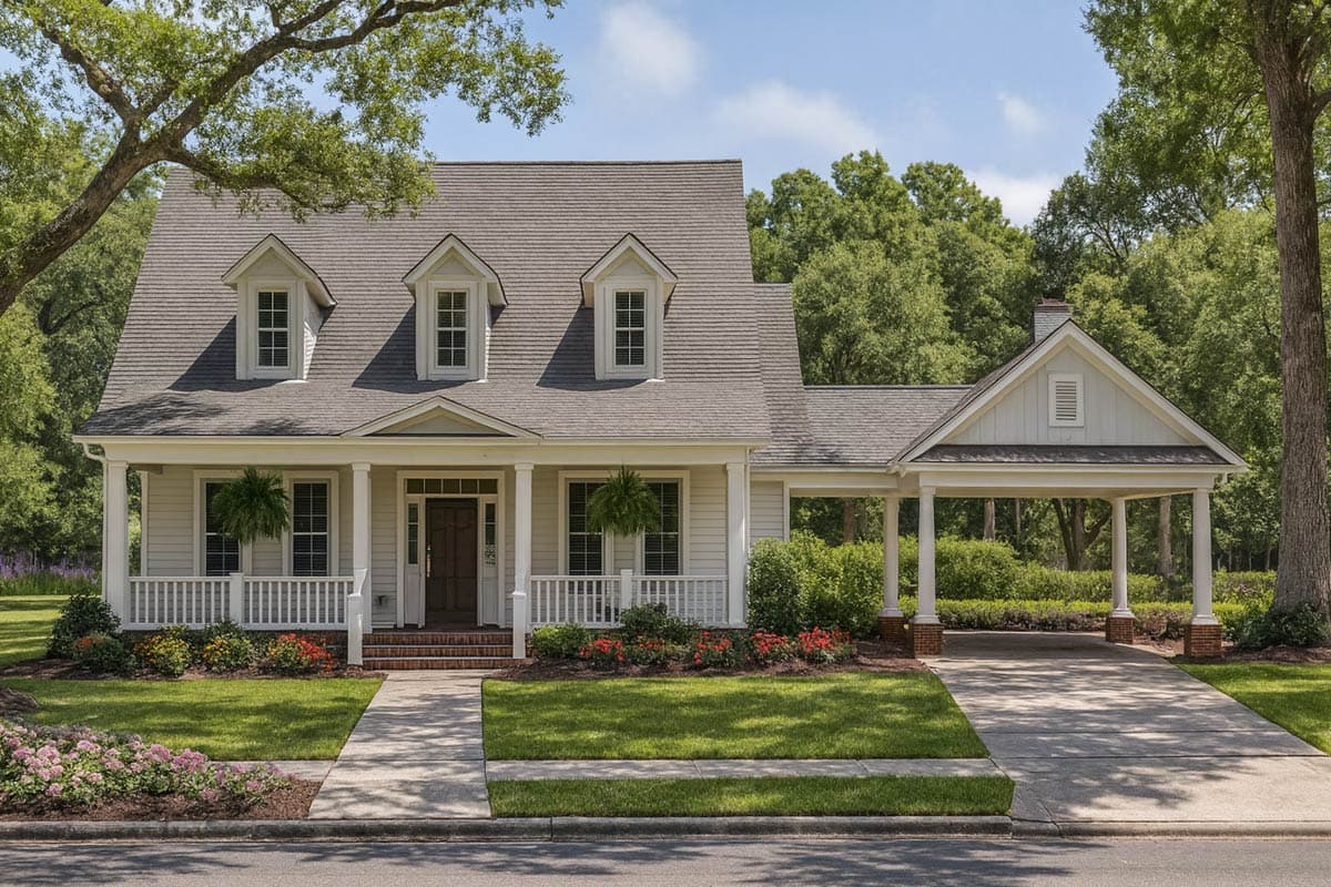 House plan exterior: two-story home with wraparound porch, dormers, and attached carport.