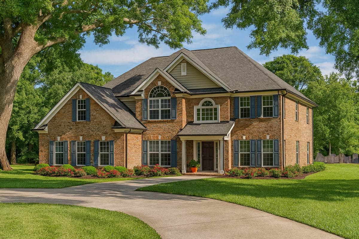 House plan exterior: two-story brick home with a covered entry, multiple gables, arched windows, and blue shutters.