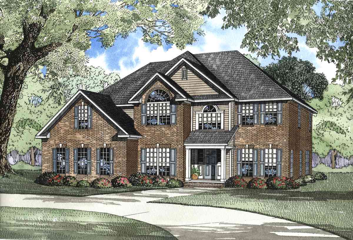 Two-story brick house plan exterior with a covered porch, arched windows, multiple gables, and a dormer.