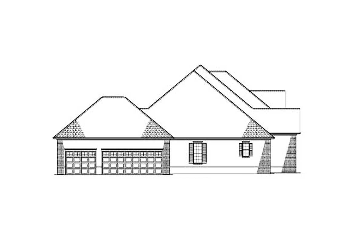 House plan exterior: One-story dwelling with side-facing two-car garage, multiple gables, and detailed rooflines.