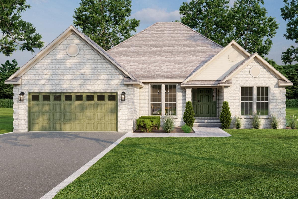House plan exterior. Ranch style with brick facade, gable roof, and attached garage. Includes two dormers and front entry porch.