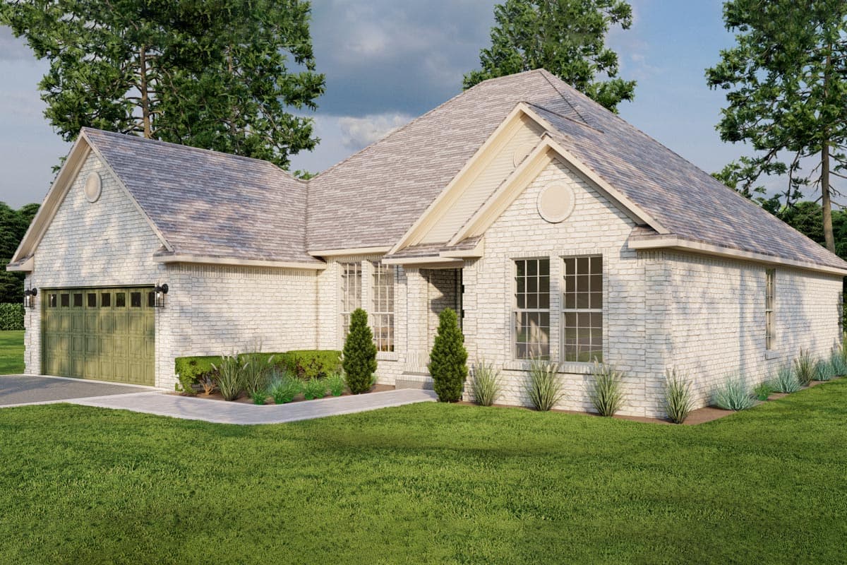 House plan exterior: Modern Ranch style, one story, white brick, prominent gables, wide eaves, and side-entry garage.