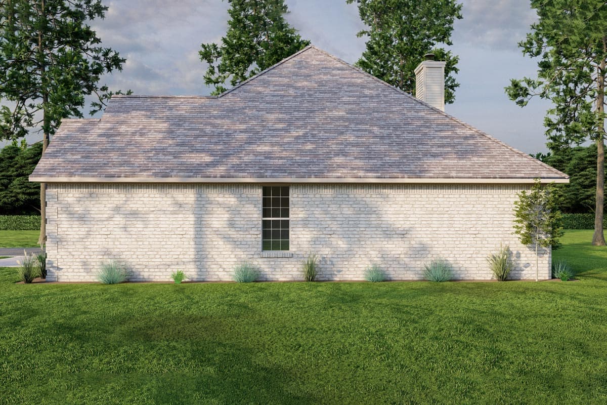 House plan exterior view of single-story home with white brick and gable roof.