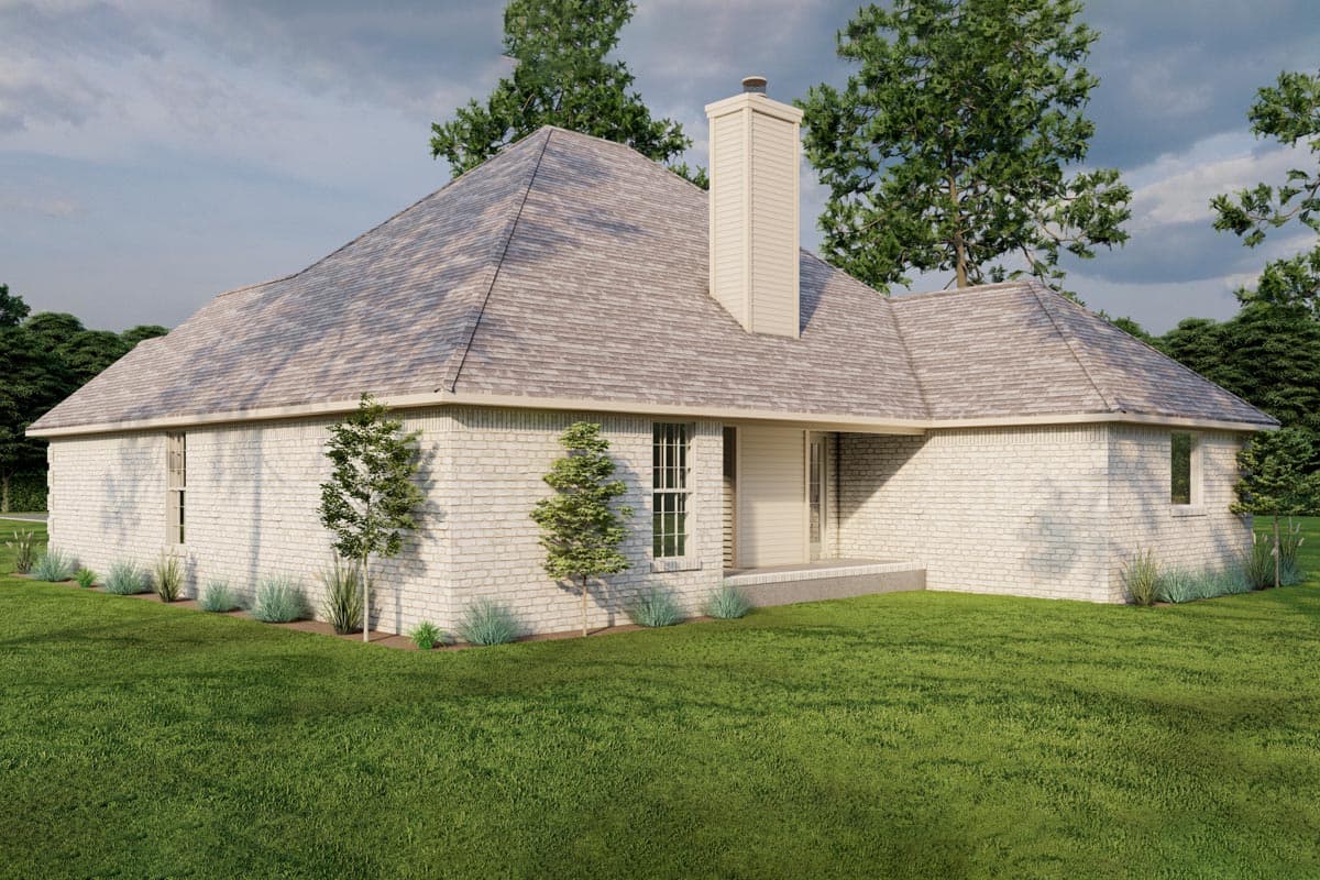 House plan exterior: single-story brick home with hip roof, prominent chimney, and small covered porch.