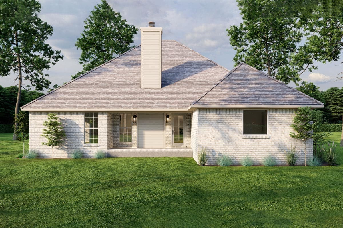 House plan exterior: One-story Modern Farmhouse with white brick, covered porch with double doors, central chimney, and gable rooflines.